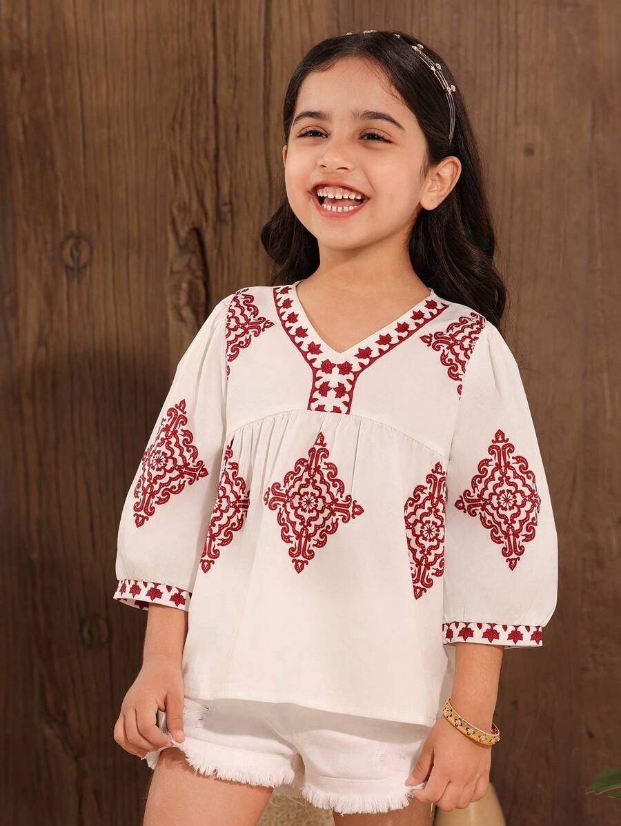 SHEIN Blusa de manga abullonada con estampado vintage casual para vacaciones de niñas jóvenes - Multicolor - Ver 1