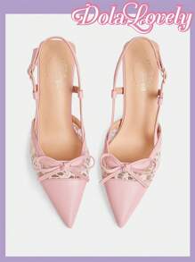 Dola Lovely 女士时尚仿珍珠蝴蝶结装饰舒适百搭洛丽塔高跟鞋春季鞋 - 粉色 - 查看 5