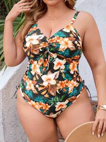 SHEIN Swim Curve Plus Size Women One-Piece Random Print Thick Strap Sexy Fitted Drawstring Ruched One Piece Swimsuit, For Summer Beach Vacation - Multicolor - View 3