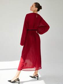 SHEIN Privé Elegant European Style Chiffon Long Sleeve Pleated Dress For Women Fall Cloth For Women - Burgundy - View 2