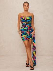 Lumalex Vestido mini de mujer con un solo hombro, tirantes anudados, manga abullonada asimétrica y recto