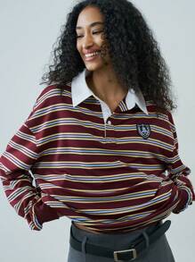 Easelle Easelle Striped Polo Collar Long-Sleeved Top T-Shirt Spring And Summer 2025 Retro Casual Daily Versatile
