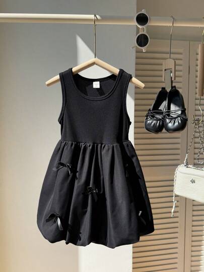 年轻女孩无袖泡泡裙简约纯色纯色连衣裙时尚公主裙夏季