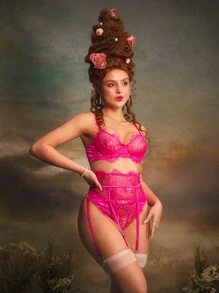 3pcs/Set Women Sexy Lace Bra Set With Underwire, Rose Red - Hot Pink - View 3