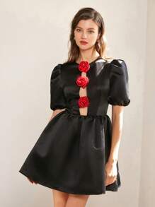 Femmeiva Italian Style 2-Tone 3D Red Rose Accent Open Shoulder Bodycon Mini Dress With Puff Sleeves,Black Floral,Summer,Elegant,Party Princess Dress - Black - View 6