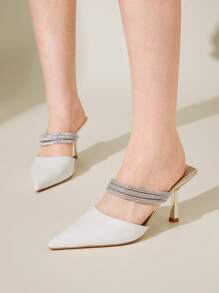 CUCCOO CHICEST 白色 PU 皮革水钻带尖头细高跟鞋浪漫优雅性感女士鞋，穆勒鞋适合约会、下午茶、正式场合、派对 - 白色 - 查看 2