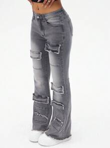 SHEIN ICON Women's Multiple Pocket Washed Low-Waist Flare Jeans - Grey - View 3