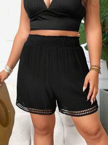 SHEIN Swim Curve 大码女式蕾丝拼布宽松休闲罩衫短裤，适合夏季度假