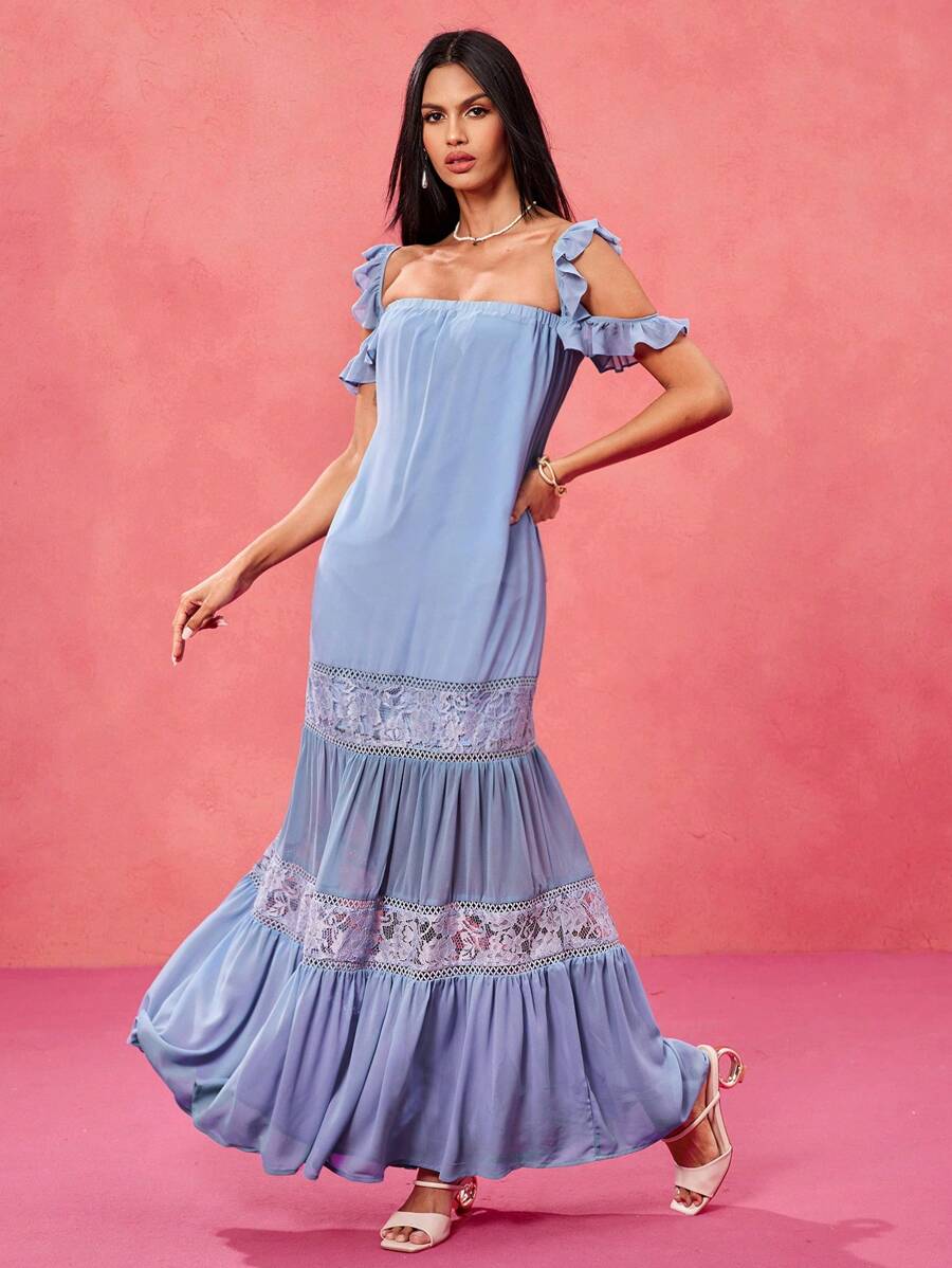 VERO DIAZ Designer Boho Blue Cold Shoulder Ruffle Sleeves Contrast Lace Loose A-Line Maxi Dress For Spring & Summer Vacation, Beach Cruise, Festival Outfits, Concert Outfit, Ibiza Fits, Prom Dress - Blue - View 1