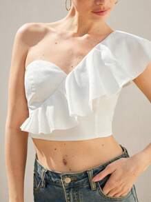Chiquease Women's White Elegant Party Summer French Style Cropped Ruffled Asymmetric Shoulder Top,Slim Waist Design Sophisticated Textured Fabric Old Money - White - View 1