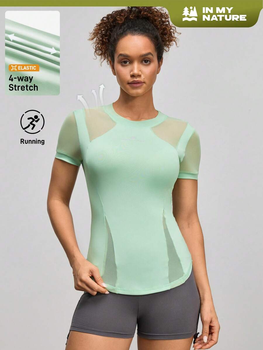 SHEIN Sports Women Solid Color Round Neck Short Sleeve Spliced Mesh Sports Tank Top Gym Shirts - Green - View 1
