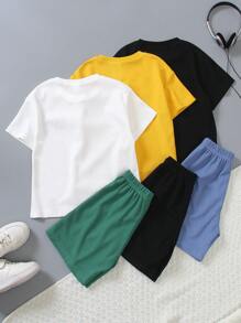 SHEIN 6 pièces Ensemble mode été pour jeunes garçons - Comprend des t-shirts à manches courtes imprimés graphiques avec texture gaufré en couleurs assorties et des shorts avec taille élastique confortables. Convient pour le casual, l'école et les tenues de sport en été