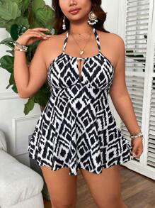 Swim Lushoire Plus Size Women 2 Pieces Printed Spaghetti Strap Tankini Set With Drawstring, Slimming Vacation Bikini Set For Summer - Black and White - View 5