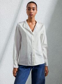 SHEIN Privé Chemise lin manche longue col montant avec volant effet patchwork floral 3D style villégiature