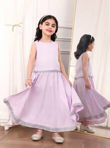 SHEIN Young Girls Sets: Sleeveless Purple Crop Top With Silver Print, Loose Long Dress With Silver Vertical Stripe, Purple Mesh Shawl. Suitable For Ramadan, Family Gathering, Outing,