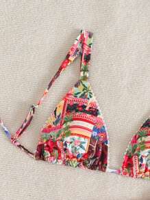 SHEIN Swim 女士全印花比基尼泳装套装，适合夏季海滩度假 - 彩色 - 查看 3