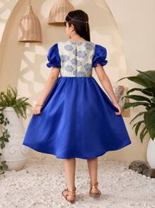 Vestido midi azul colorido para niñas (tallas grandes), con blusa de jacquard azul y dorado, manga abullonada azul colorida, combinado con mini bolso bandolera, elegante y glamoroso, para fiestas y bailes