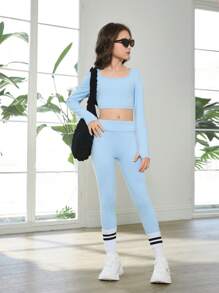 SHEIN 2pcs Tween Girls Knitted Solid Color Short Fitted Hoodie & Leggings Set, High Stretch Shapewear For Cycling & Running