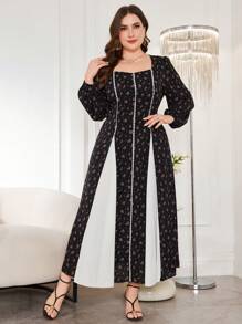 Modelyn Große Größen A-Linie Kleid mit Herzausschnitt, Blümchen Patchwork Farbblockdesign und Bindedetail, elegant & romantisch - Schwarz und Weiss - Übersicht 5