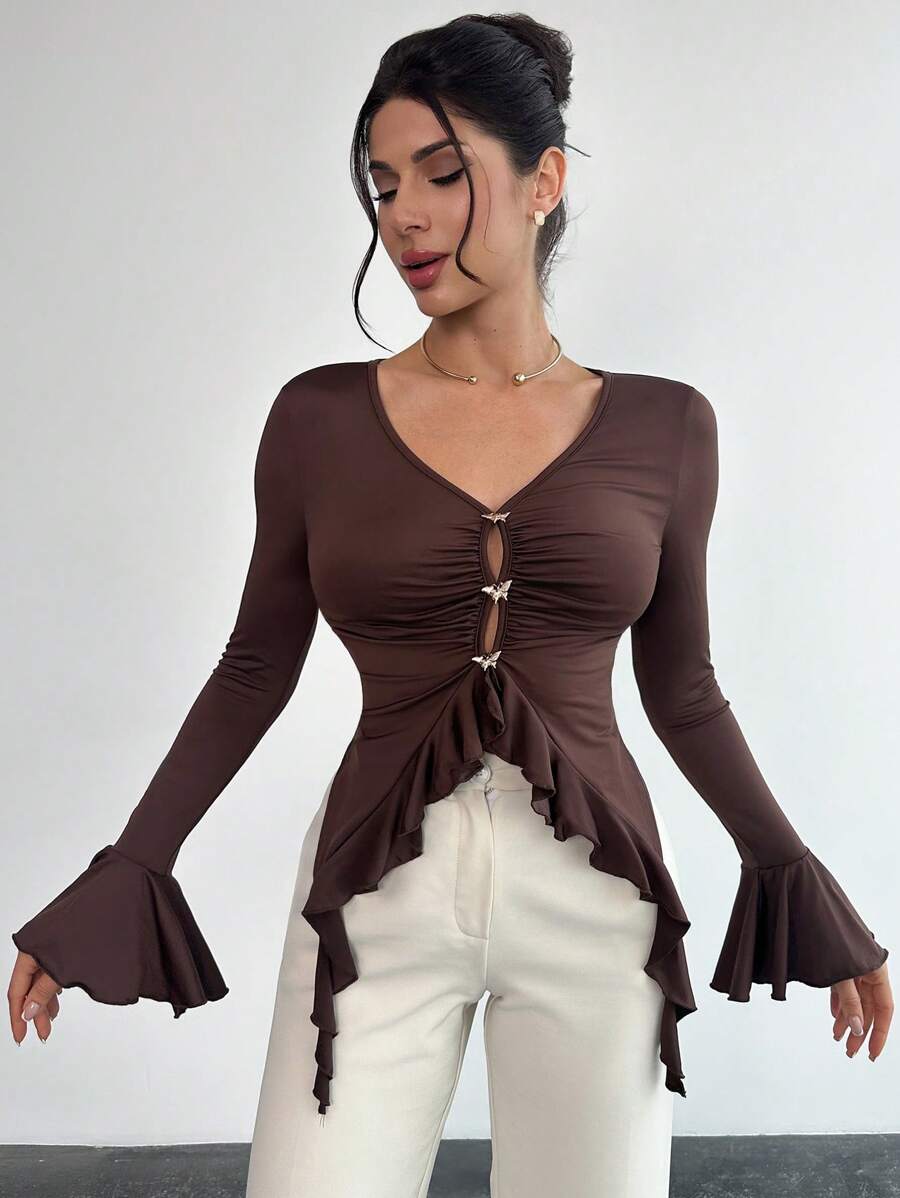 SHEIN Privé Women's Elegant Vintage Butterfly Ruffle Trim Long Sleeve Top Tee - Mocha Brown - View 1