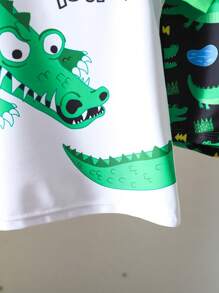 Young Boy Printed Two-Piece Swimsuit Set Young Boys Two-Piece Swim Set: Round Neck Short Sleeve Rash Guard With Fun Alligator Print And Matching Swim Shorts - Regular Length Toddler Boys' Tropical Swimsuit Set: Multicolor Alligator Print Short Sleeve Regular Length Perfect For Summer Fun - Multicolor - View 8