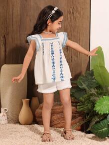 SHEIN Chemise mignonne à col carré et manches courtes avec imprimé floral pour jeunes filles, convient pour l'école, les sorties et les vacances