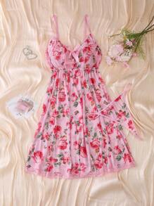 مجموعة بيجامة نسائية طقم بيجامة + سروال 2 قطعة/مجموعة بطبعة زهور والفتحة العنقية متموجة - وردي - مشاهدة 1