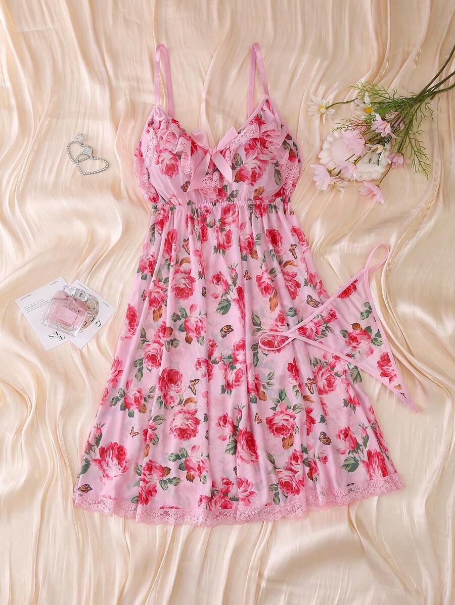 مجموعة بيجامة نسائية طقم بيجامة + سروال 2 قطعة/مجموعة بطبعة زهور والفتحة العنقية متموجة - وردي - مشاهدة 1