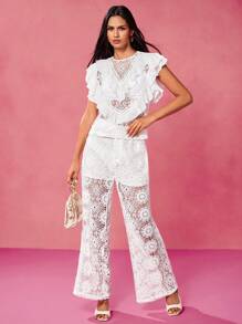 VERO DIAZ Blusa elegante con volantes de encaje y gasa blanca en estilo bohemio y de diseñador para primavera y verano, ideal para vacaciones, crucero, salir, festival, Ibiza
