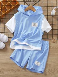 SHEIN Genkimix Kids 2Pcs Young Boy Summer Set, Top Is Hooded Short Sleeve T-Shirt In Light Blue Textured Waffle Knit Fabric, Paired With White Knit Colorblock Shorts, Sporty Style Suitable For Daily Wear, Vacation, Sport, School, Holidays Summer Holiday - Blue - View 8