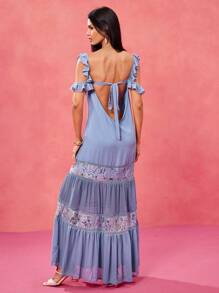 VERO DIAZ Designer Boho Blue Cold Shoulder Ruffle Sleeves Contrast Lace Loose A-Line Maxi Dress For Spring & Summer Vacation, Beach Cruise, Festival Outfits, Concert Outfit, Ibiza Fits, Prom Dress - Blue - View 2