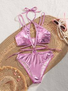 Swim EVENT 1 bộ đồ bơi liền thân hở lưng dây xích kim loại màu hồng Crisscross dành cho nữ, đi biển, lễ hội âm nhạc, tiệc mùa hè - Hồng - Xem 6