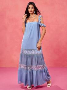 VERO DIAZ Designer Boho Blue Cold Shoulder Ruffle Sleeves Contrast Lace Loose A-Line Maxi Dress For Spring & Summer Vacation, Beach Cruise, Festival Outfits, Concert Outfit, Ibiza Fits, Prom Dress - Blue - View 6