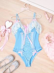 Women's Floral Lace Sexy Bodysuit With Ruffle Trim, Cute & Charming - Baby Blue - View 7