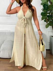 SHEIN Swim Curve 大码女式露背花边系带露背无袖修身超长海滩度假休闲和服罩衫，适合夏季度假 - 杏色 - 查看 5