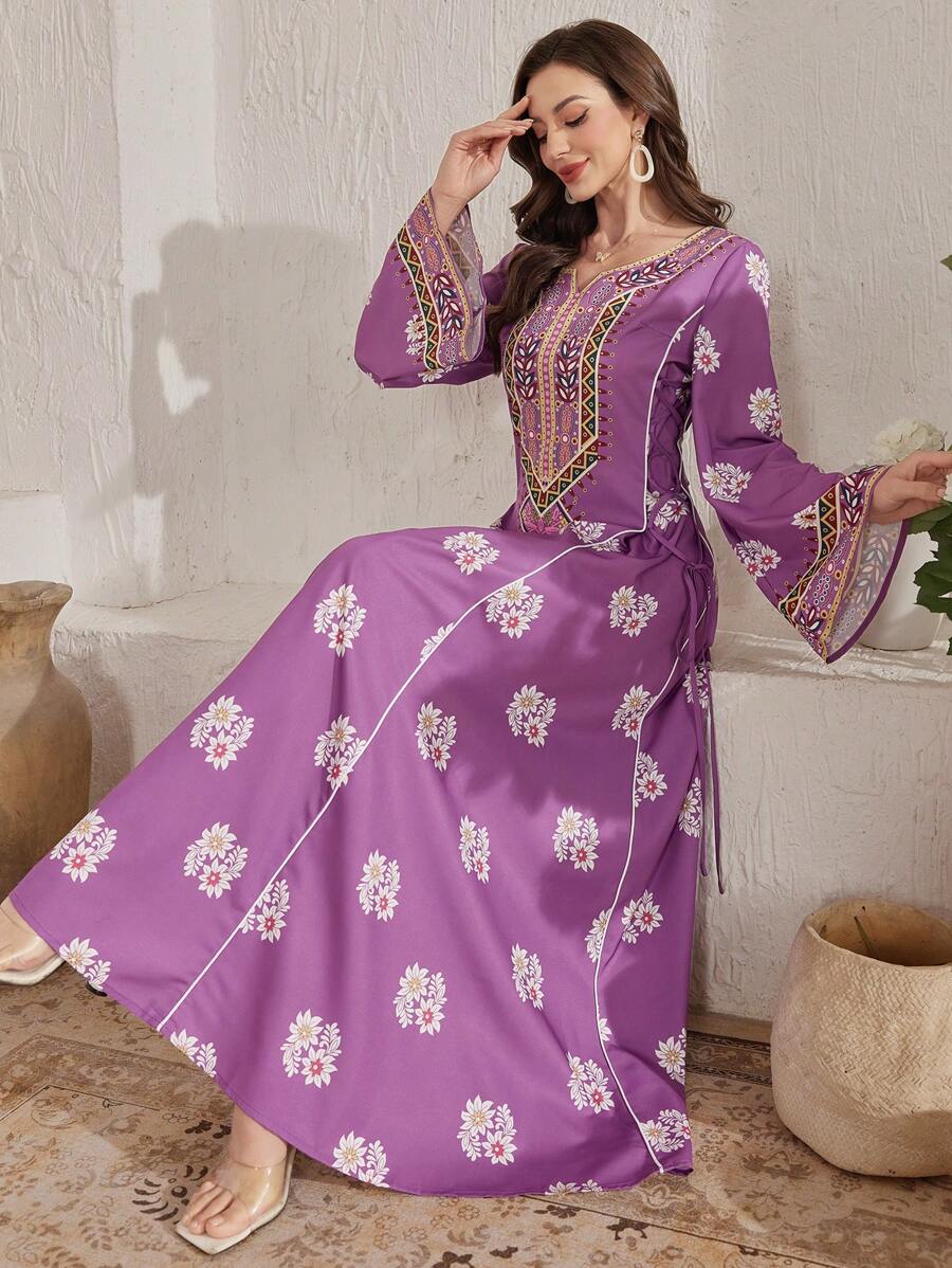 Al Najma 女士簇状花卉侧系带优雅浪漫奢华土耳其长裙/阿拉伯传统长裙、卡夫坦和贾拉比亚，端庄 - 中紫紅色 - 查看 1