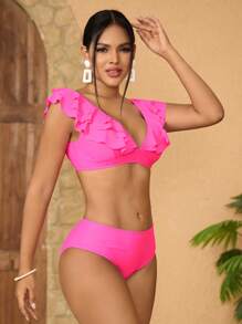 SHEIN Swim Summer Beach Ruffle Trim High Waisted Bikini Set - Pink - View 6