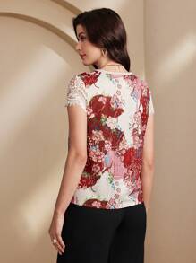 Chiquease 女士优雅合身蕾丝花边 V 领花卉衬衫 - 紅色 - 查看 2