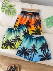 SHEIN 3pcs Tween Boy Casual Versatile Comfortable Palm Tree & Beach Printed Loose Woven Beach Shorts/Swim Trunks Set, Buy 1 Get 2 Free