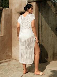 SHEIN Swim Curve Plus Size Vrouwen Witte Lange Mouw Uitgeholde Gebreide Zomer Strand Vakantie Cover Up Jurk