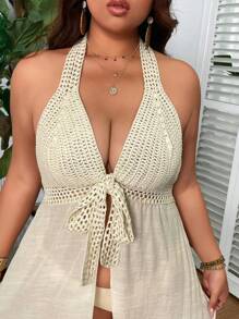 SHEIN Swim Curve 大码女式露背花边系带露背无袖修身超长海滩度假休闲和服罩衫，适合夏季度假 - 杏色 - 查看 4