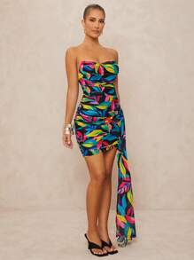 Lumalex Vestido mini de mujer con un solo hombro, tirantes anudados, manga abullonada asimétrica y recto