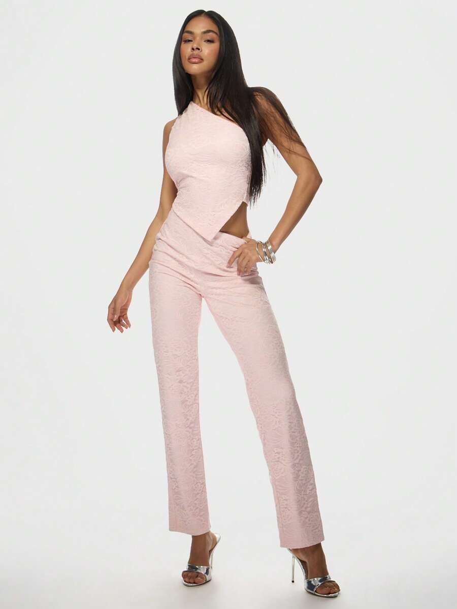 MISSGUIDED Elegant Lace Co-Ord Set Cut-Out Waist Detail One-Shoulder Long Pants Summer Evening Party Club Special Occasion Formal Two-Piece Set - Pink - View 1