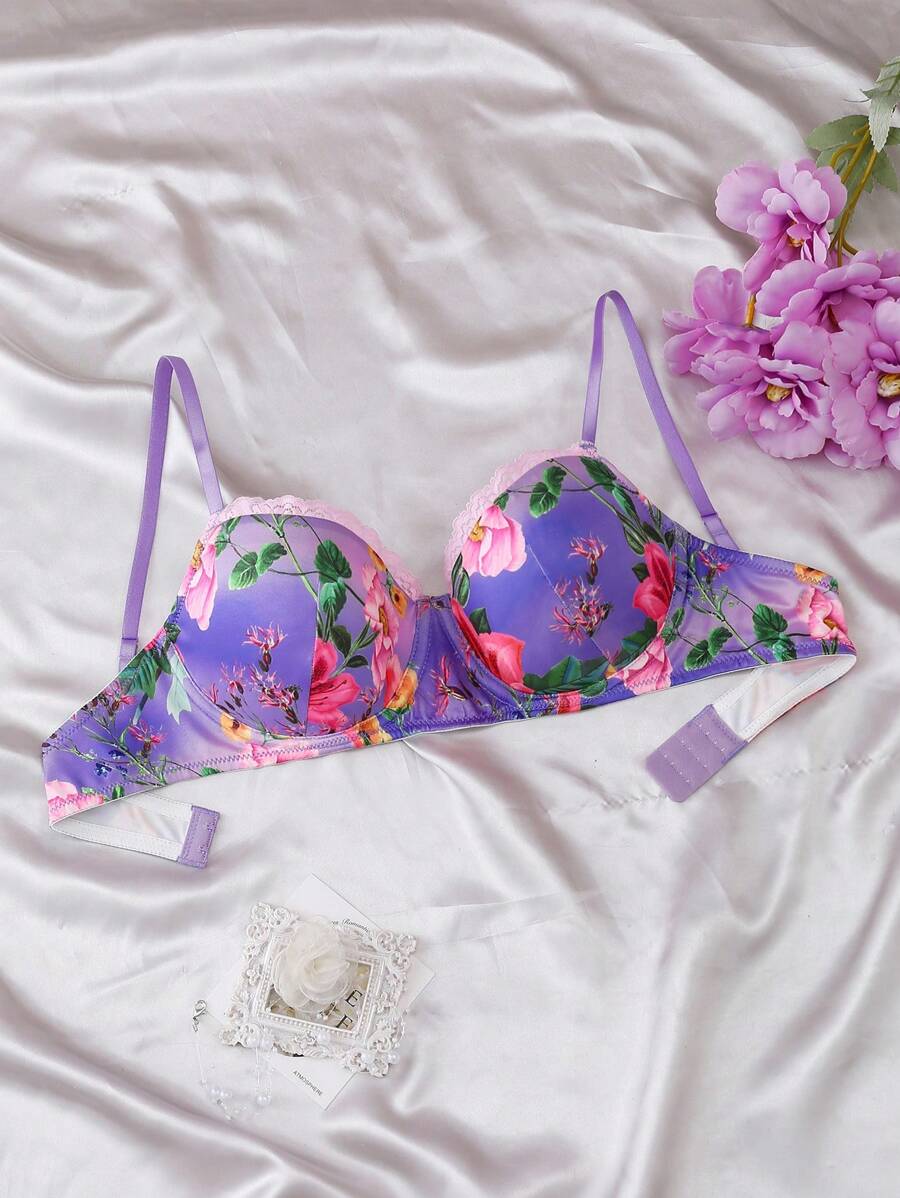 قطعة واحدة من ملابس داخلية نسائية بطبعة زهرية مع سلك - الأرجواني - مشاهدة 1