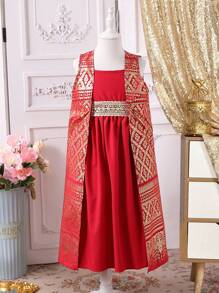 2 件套年轻女孩无袖简约夹克和连衣裙休闲装套装 - 酒紅色 - 查看 3