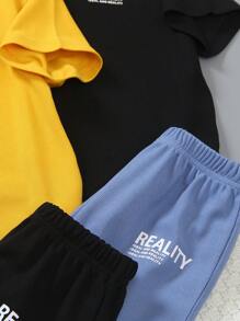 SHEIN 6 pièces Ensemble mode été pour jeunes garçons - Comprend des t-shirts à manches courtes imprimés graphiques avec texture gaufré en couleurs assorties et des shorts avec taille élastique confortables. Convient pour le casual, l'école et les tenues de sport en été