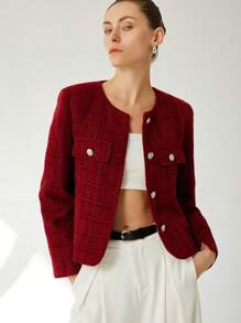 Aveloria Modichic Elegant French Tweed Round Neck Metal Button Front Pocket Peplum Women Short Sleeve Jacket