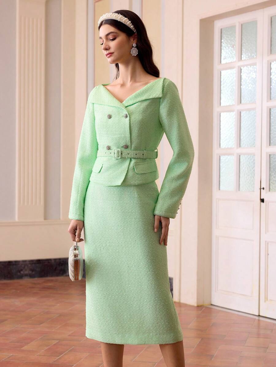 ZEYLAH Elegant Sequins Floral Chiffon Blouse With Large Lapel And Waist Cinch