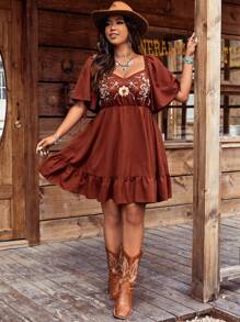 Ceyna Plus Size Women's Boho Bohemian Style Floral Embroidered Sweetheart Neck Ruffle Sleeve Dress, For Summer - Brown - View 5
