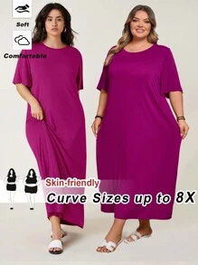 SHEIN CURVE+ 大码超柔软弹力短袖长款休闲连衣裙，适合夏季、海滩度假，百搭 - 中紫紅色 - 查看 6